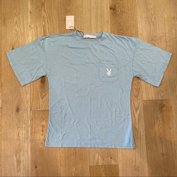 Missguided - Playboy Repeat Logo Pocket Tee in Blue - Picture 1 of 7